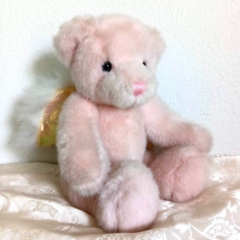 Vintage Pink Teddy Bear Angel Sparkle Gold Wings A&A Jointed 12" Stuffed Plush